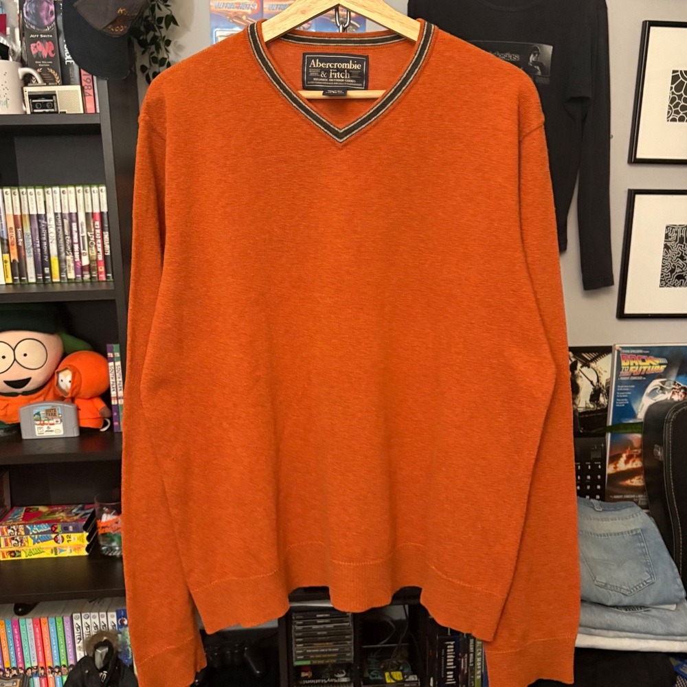Vtg Abercrombie & Fitch XL Burnt Orange Wool Cotton V-Neck Sweater Striped Trim